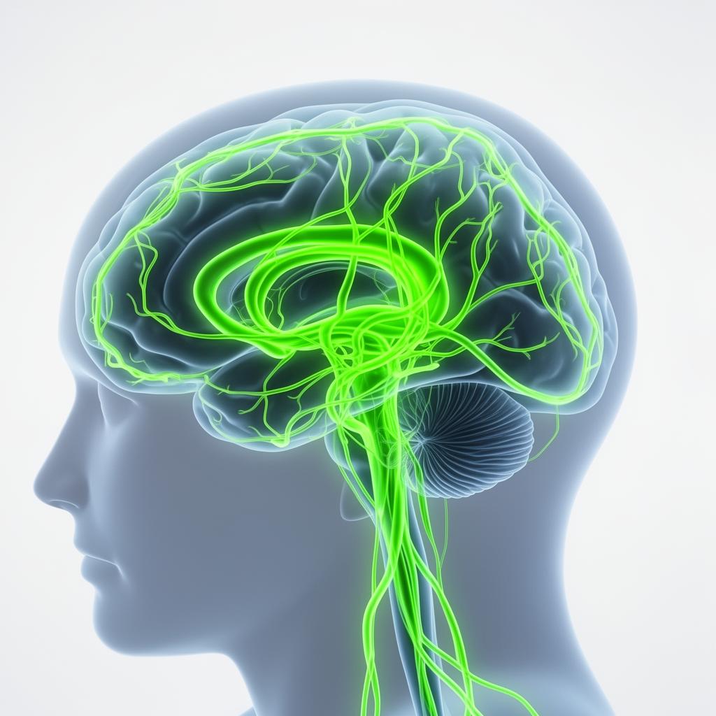 Brain cerebral vascular network with glowing neon green arteries