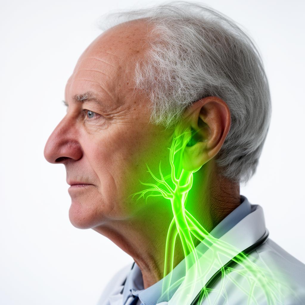 Carotid arteries in the neck with glowing neon green vascular highlighting